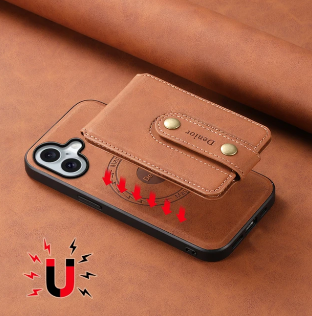 V09 Magnetic Card Holder with Button Strap - PU Leather