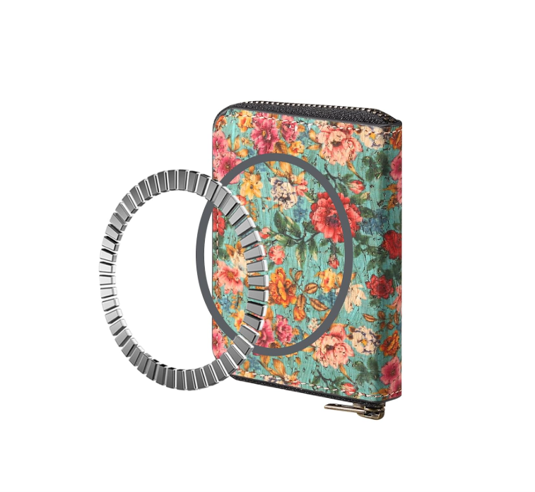 V16 Magnetic Zipper Card Holder - Floral Cork