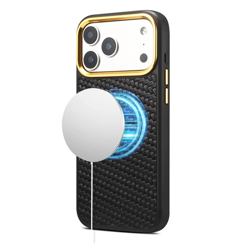 Woven Twill Cowhide Leather Magnetic Case (Gold Lens Trim) | A26+1