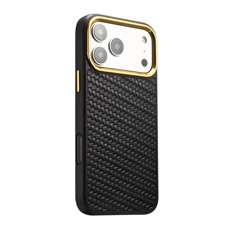 Woven Twill Cowhide Leather Magnetic Case (Gold Lens Trim) | A26+1