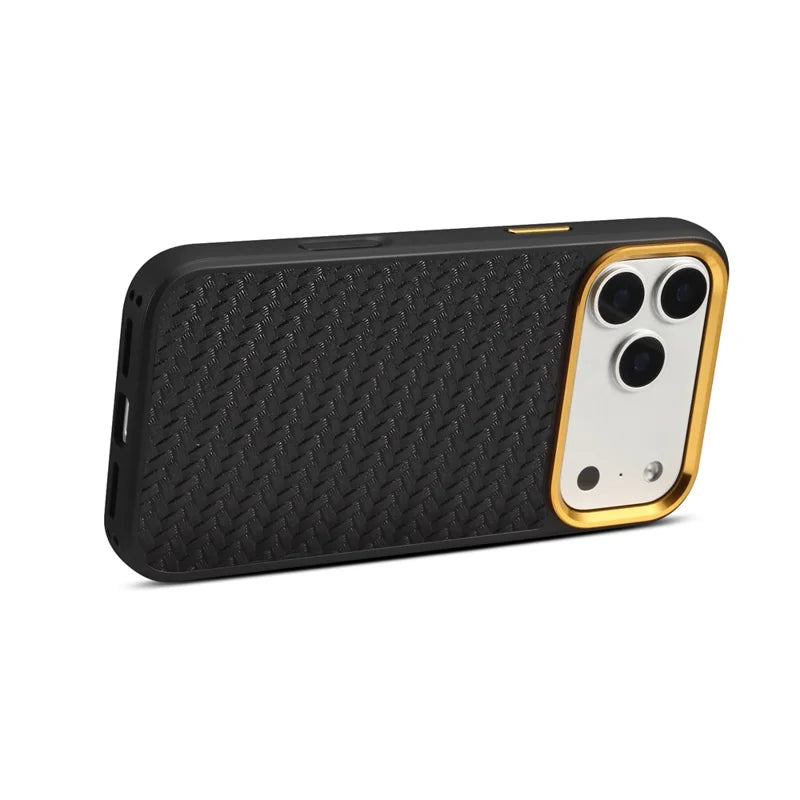Woven Twill Cowhide Leather Magnetic Case (Gold Lens Trim) | A26+1