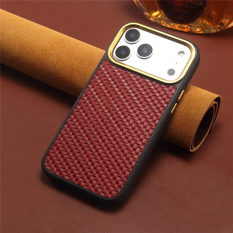 Woven Twill Cowhide Leather Magnetic Case (Gold Lens Trim) | A26+1