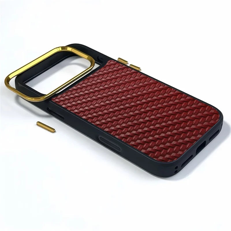 Woven Twill Cowhide Leather Magnetic Case (Gold Lens Trim) | A26+1