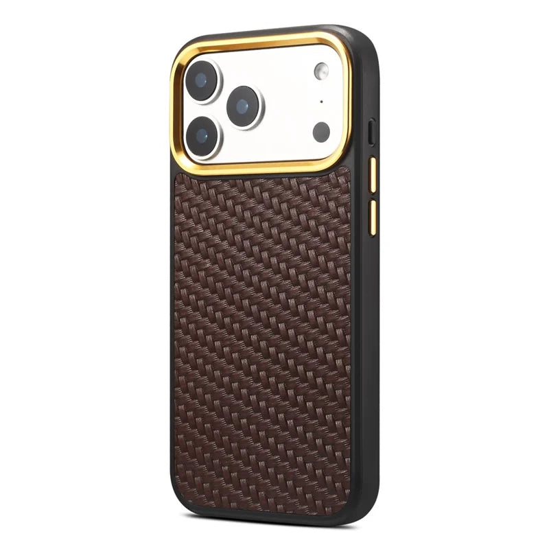 Woven Twill Cowhide Leather Magnetic Case (Gold Lens Trim) | A26+1