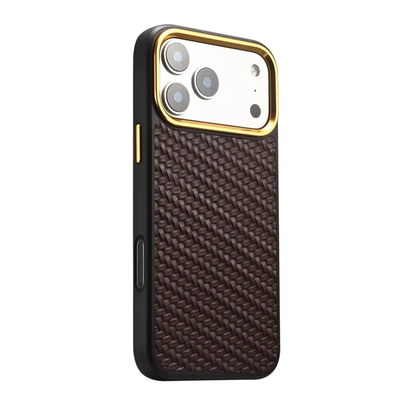 Woven Twill Cowhide Leather Magnetic Case (Gold Lens Trim) | A26+1
