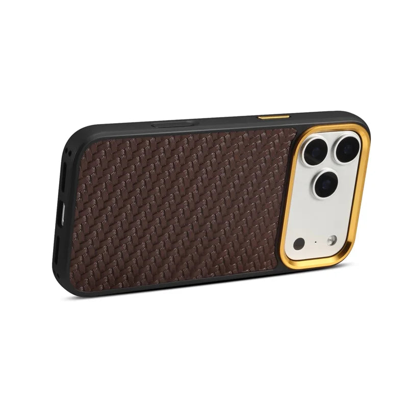 Woven Twill Cowhide Leather Magnetic Case (Gold Lens Trim) | A26+1