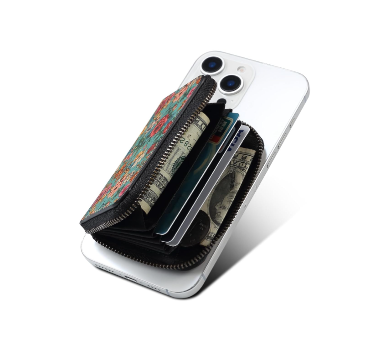 V16 Magnetic Zipper Card Holder - Floral Cork