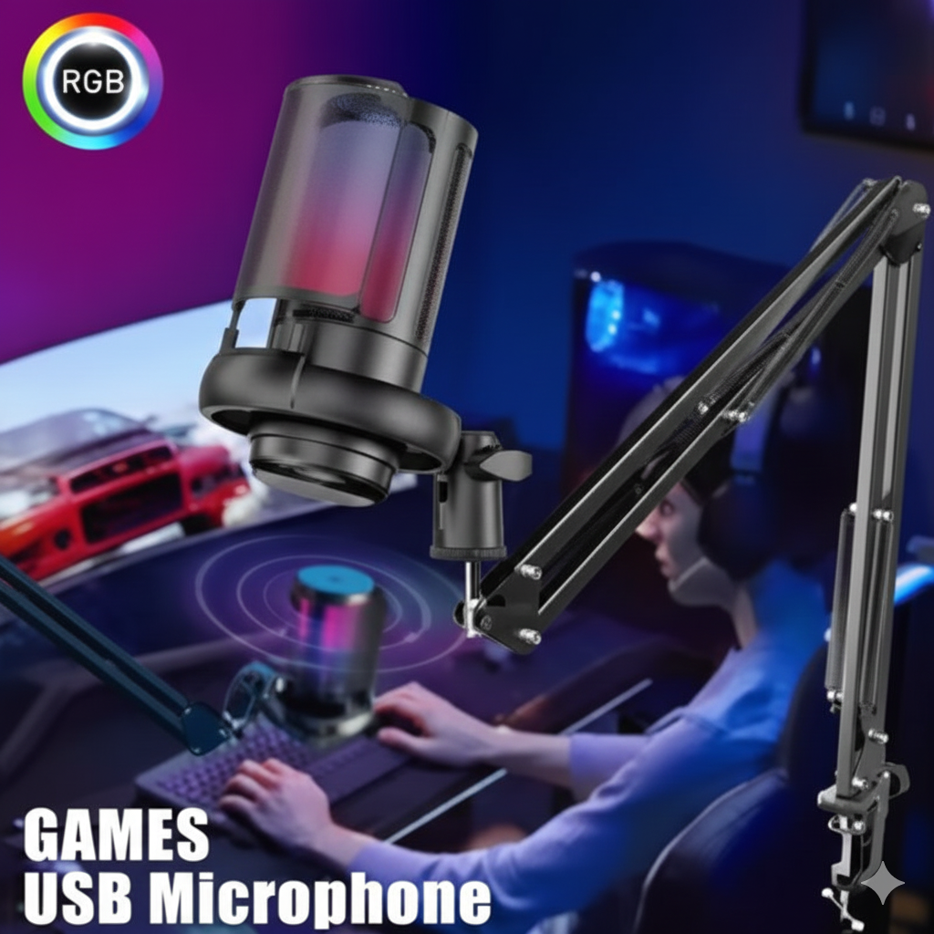 USB Gaming Microphone with Live reverb function One piece of mute RGB Condenser Microphone for Streaming Games, Audio Recording