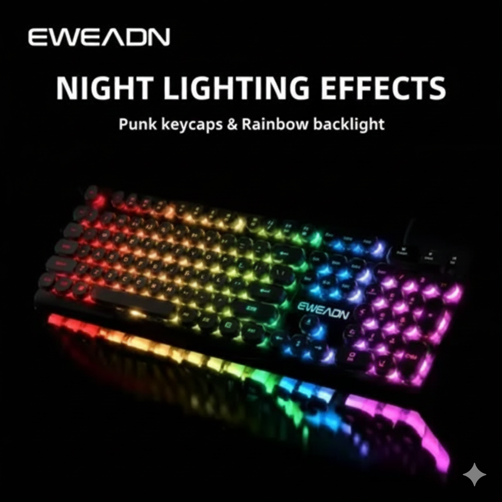 EWEADN 104-Key Retro Gaming Keyboard, Typewriter-Inspired RGB Backlit Silent with Round Keycaps, Wired USB for PC & Laptop Game