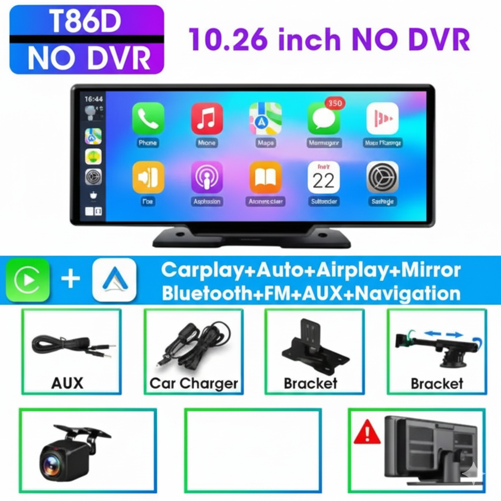 10.26" Carplay Screen for Car, Wireless CarPlay & Android Auto Multimedia Video Player, Universal Car Radio, BT AUX FM Car Stereo