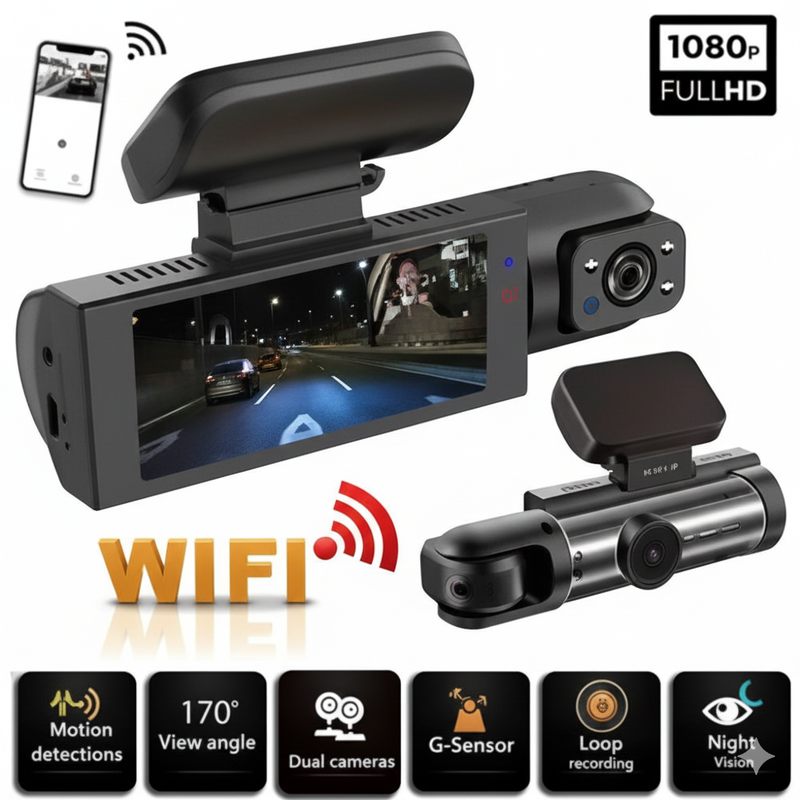 1080P WIFI Dual camera Dash Cam for cars, Front And Inside, car camera with IR Night Vision, Loop Recording, wide angle Car DVR Came