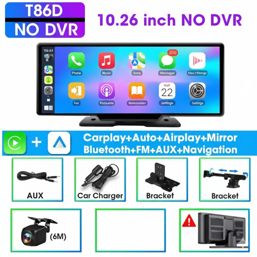 10.26" Carplay Screen for Car, Wireless CarPlay & Android Auto Multimedia Video Player, Universal Car Radio, BT AUX FM Car Stereo