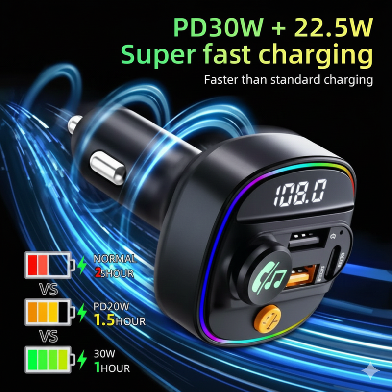 Bluetooth 5.3 FM Transmitter Handsfree Car AUX Radio Modulator MP3 Player with 22.5W & PD30W Fast Charge Adapter Car Accessories