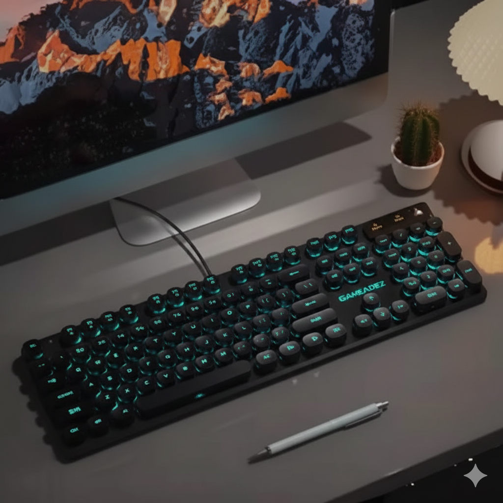 EWEADN 104-Key Retro Gaming Keyboard, Typewriter-Inspired RGB Backlit Silent with Round Keycaps, Wired USB for PC & Laptop Game