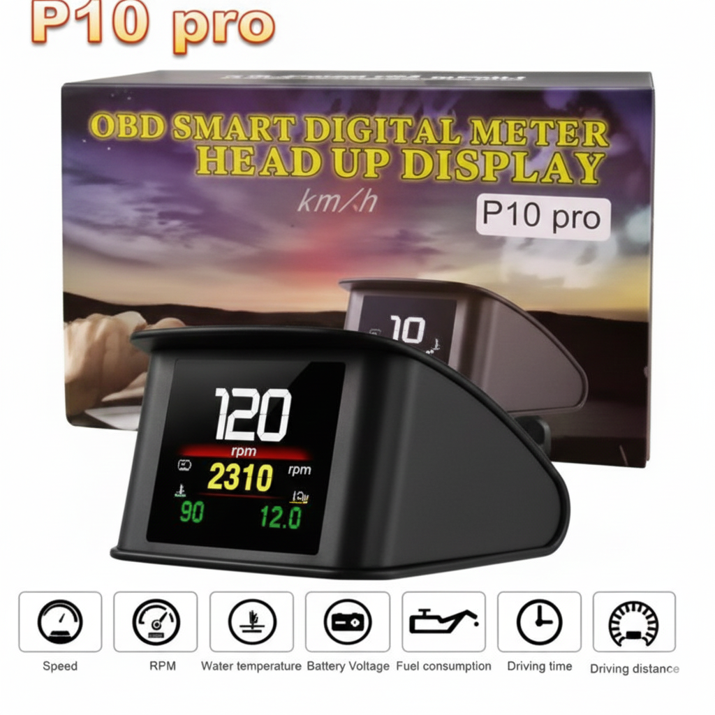 P10 Pro Head Up Display On-board Computer Car Digital OBD2 Mileage OBD Driving Computer Display Speedometer Temperature Gauge
