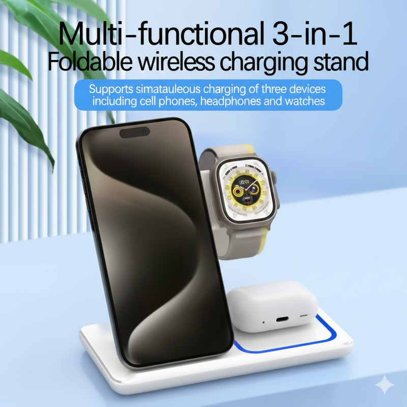 30W LED Fast Wireless Charger Stand 3 in 1 Foldable Charging Station For iPhone 15 14 13 12 11 Apple Watch 9 8 7 6 5 Air pods Pro