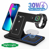 30W LED Fast Wireless Charger Stand 3 in 1 Foldable Charging Station For iPhone 15 14 13 12 11 Apple Watch 9 8 7 6 5 Air pods Pro