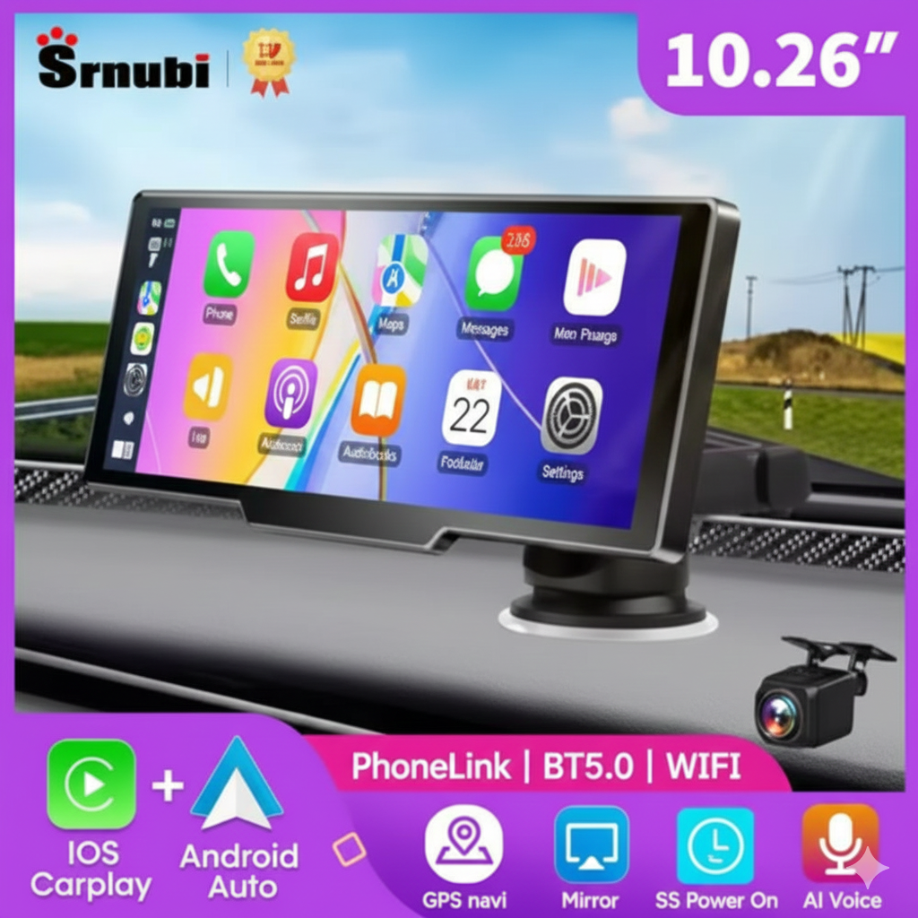 10.26" Carplay Screen for Car, Wireless CarPlay & Android Auto Multimedia Video Player, Universal Car Radio, BT AUX FM Car Stereo