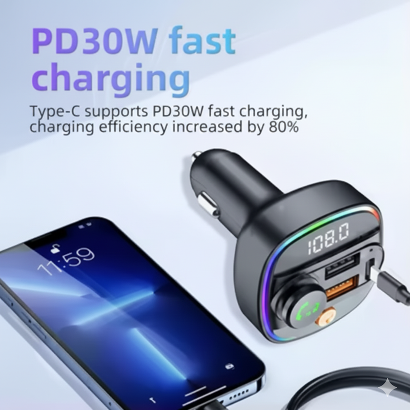 Bluetooth 5.3 FM Transmitter Handsfree Car AUX Radio Modulator MP3 Player with 22.5W & PD30W Fast Charge Adapter Car Accessories