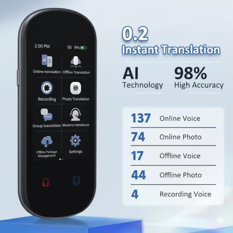 Z2 Instant AI Voice Translator Portable 3.1 inch Touch Screen Real Time Translator with Recording Photo for Travel Learn Meeting
