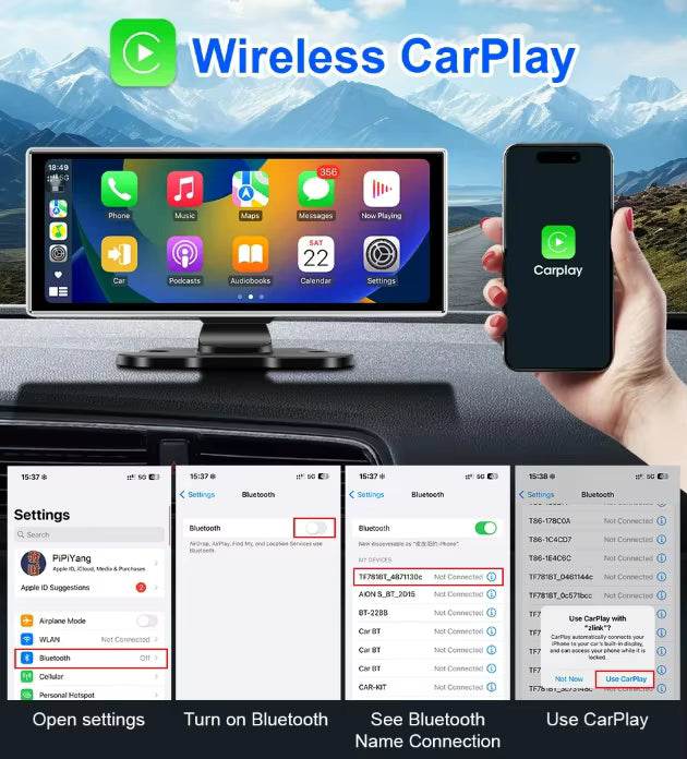 10.26" Carplay Screen for Car, Wireless CarPlay & Android Auto Multimedia Video Player, Universal Car Radio, BT AUX FM Car Stereo