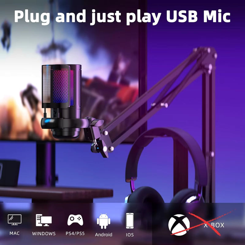 USB Gaming Microphone with Live reverb function One piece of mute RGB Condenser Microphone for Streaming Games, Audio Recording