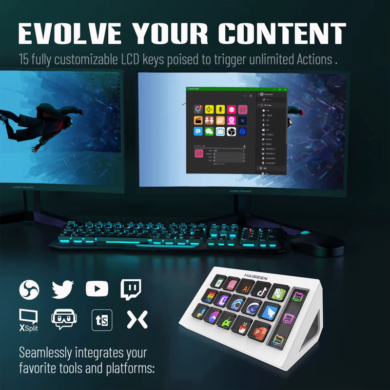HAISEEN Visual Stream Deck Keyboard LCD Button 15Key Live Content Creation Controller Customizable Windows Mac OS Android iOS