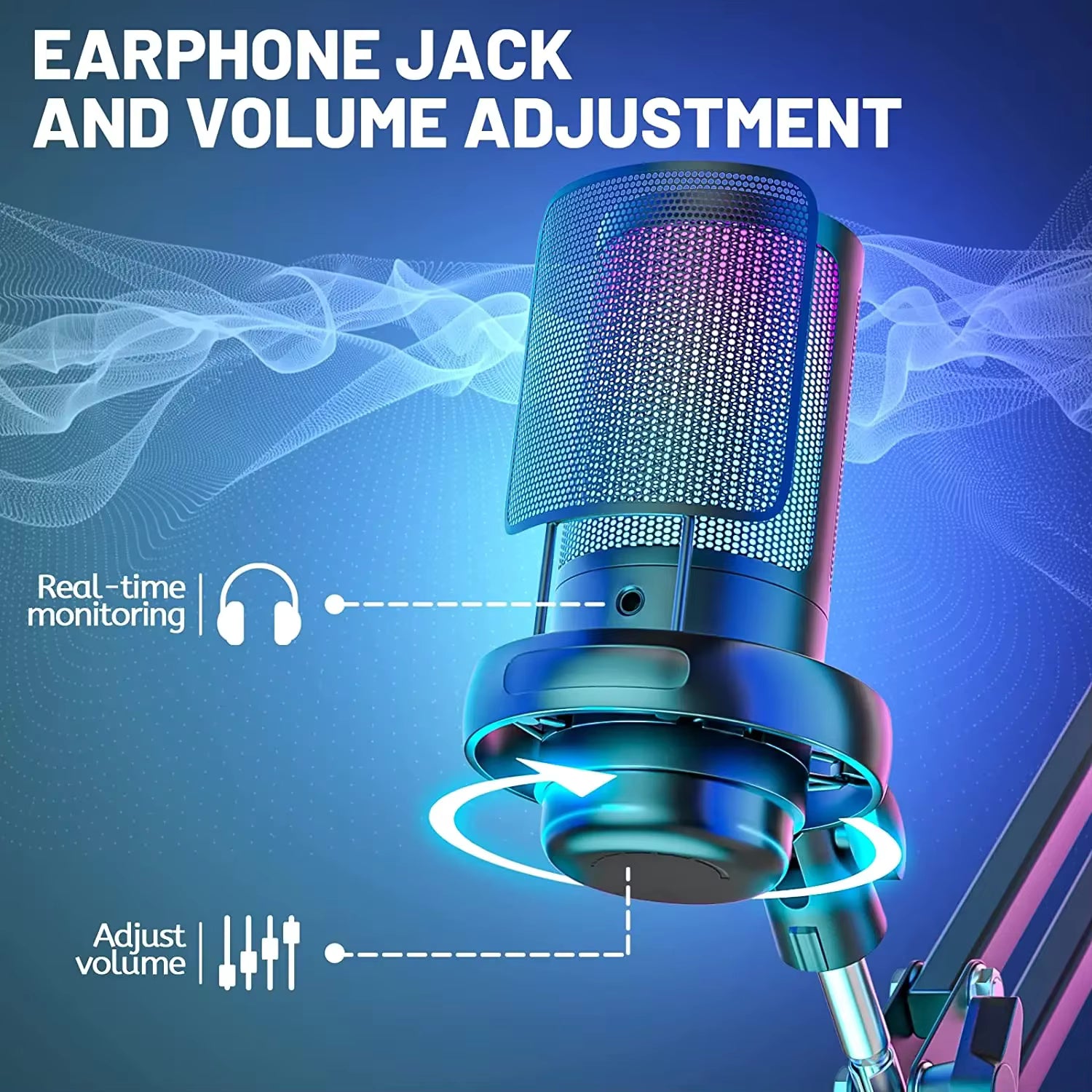 USB Gaming Microphone with Live reverb function One piece of mute RGB Condenser Microphone for Streaming Games, Audio Recording