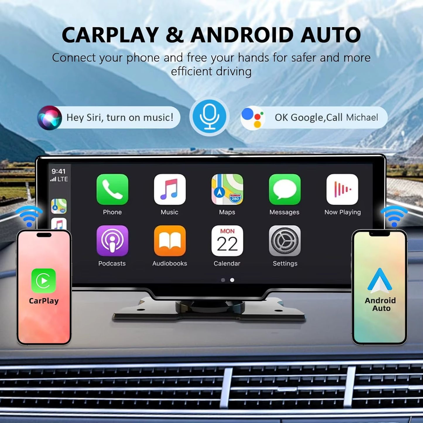10.26" Carplay Screen for Car, Wireless CarPlay & Android Auto Multimedia Video Player, Universal Car Radio, BT AUX FM Car Stereo