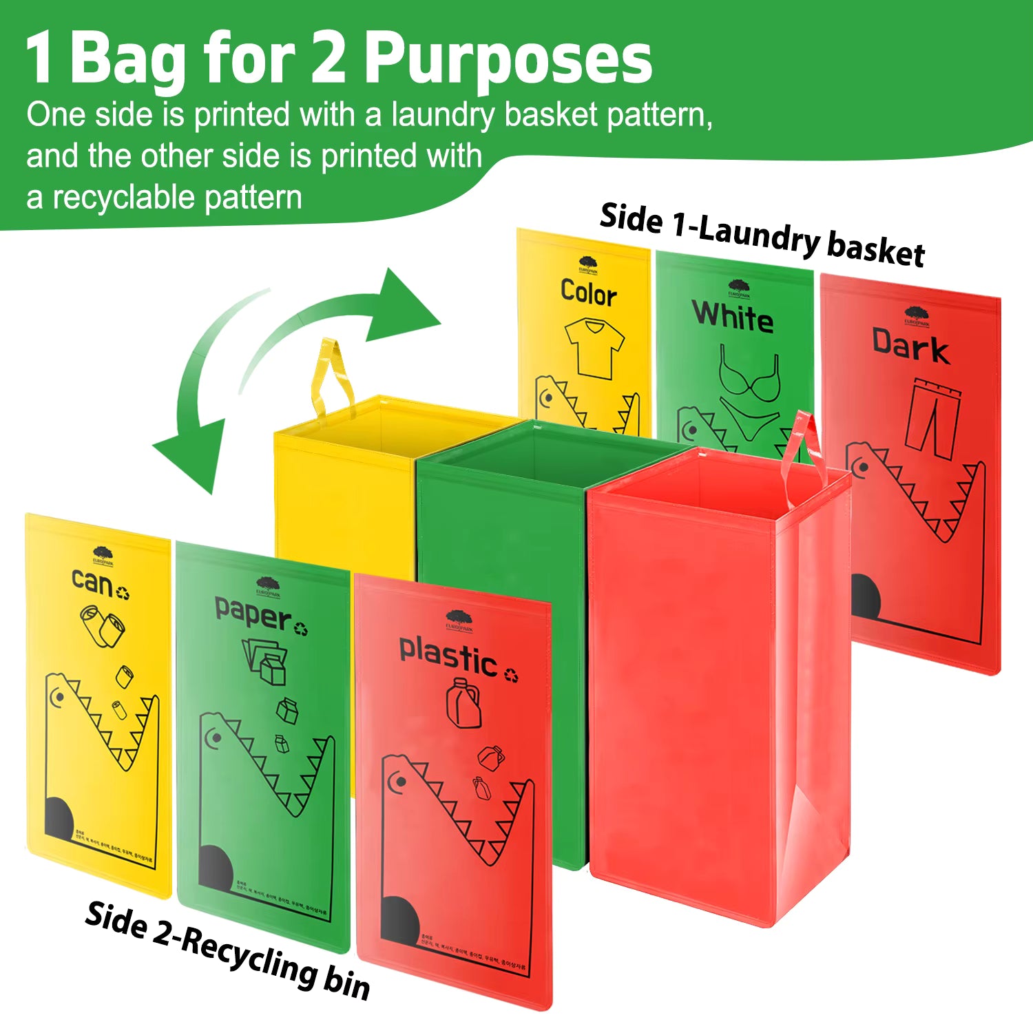 149L Recycling Bin Waterproof Recyclable Garbage Bag with Colorful Printing - Foldable Bottle Recycling Storage for Home Kitchen