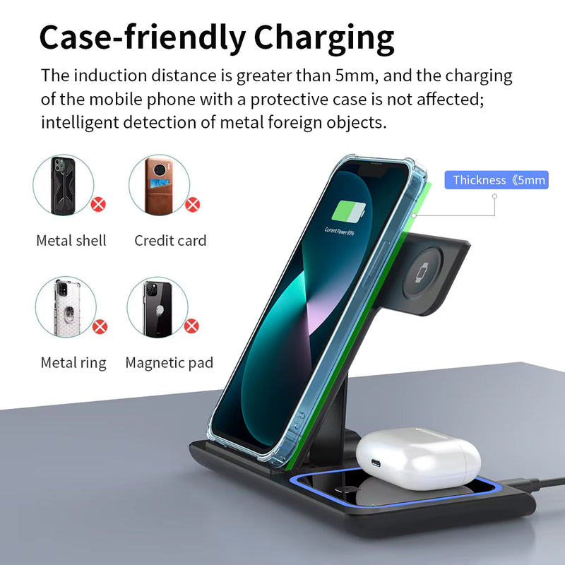 30W LED Fast Wireless Charger Stand 3 in 1 Foldable Charging Station For iPhone 15 14 13 12 11 Apple Watch 9 8 7 6 5 Air pods Pro