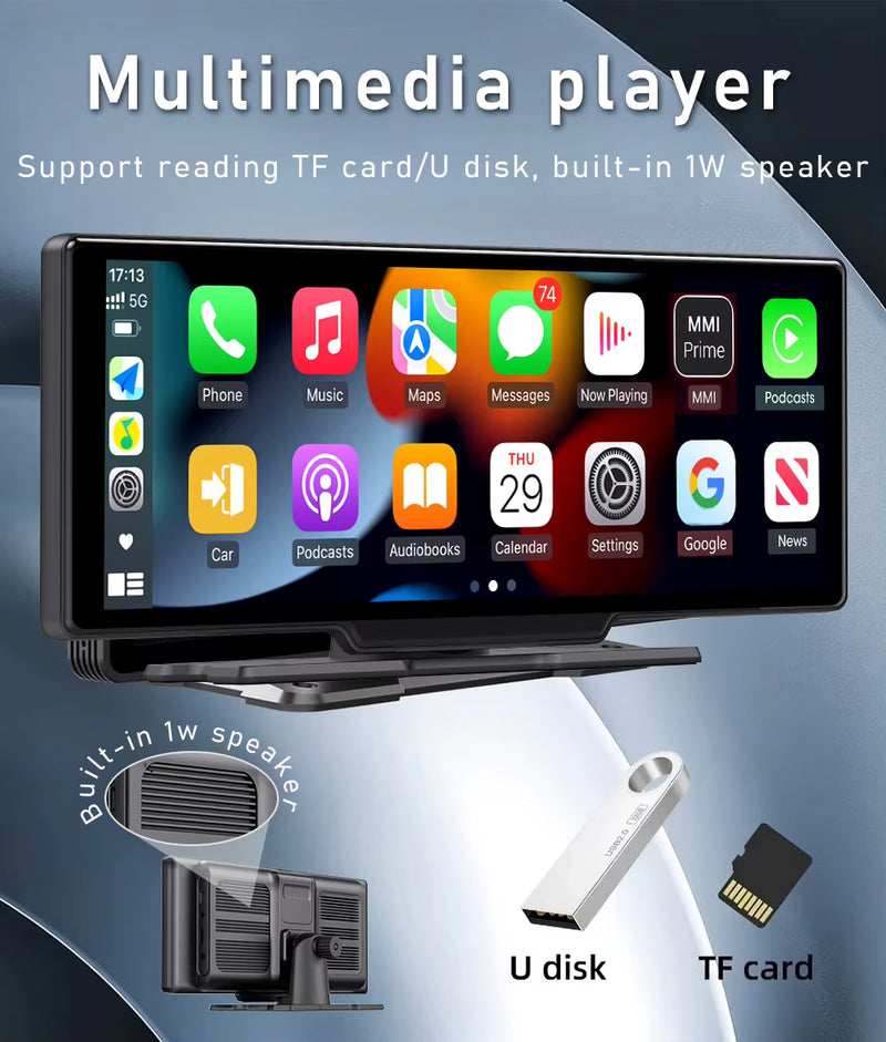 10.26" Carplay Screen for Car, Wireless CarPlay & Android Auto Multimedia Video Player, Universal Car Radio, BT AUX FM Car Stereo