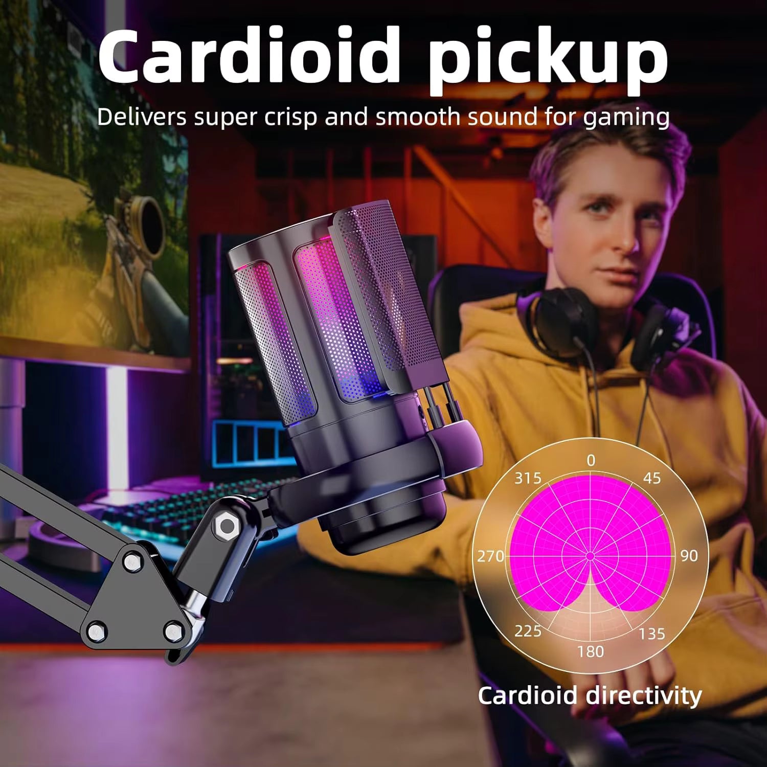 USB Gaming Microphone with Live reverb function One piece of mute RGB Condenser Microphone for Streaming Games, Audio Recording