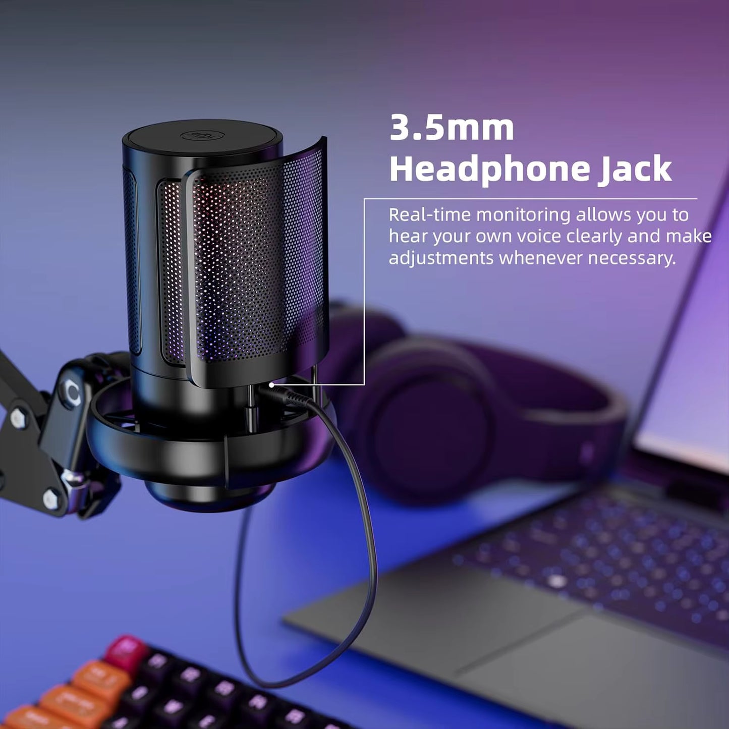 USB Gaming Microphone with Live reverb function One piece of mute RGB Condenser Microphone for Streaming Games, Audio Recording