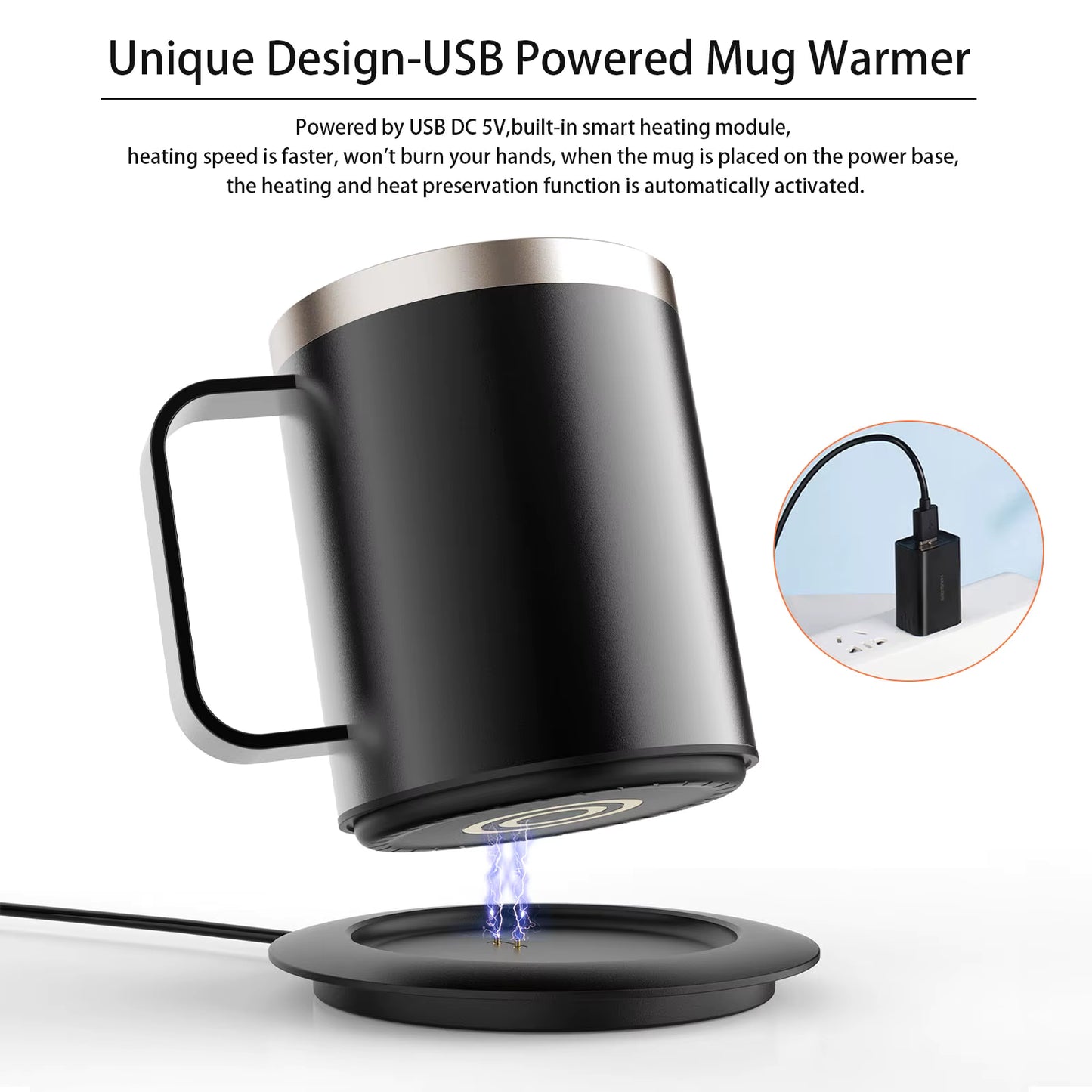 Self-Heating Coffee Mug - 12oz USB Electric Heated Mug Heat 131-149℉ Smart Warming Travel Mug Double Layer Food Grade Cup Warmer