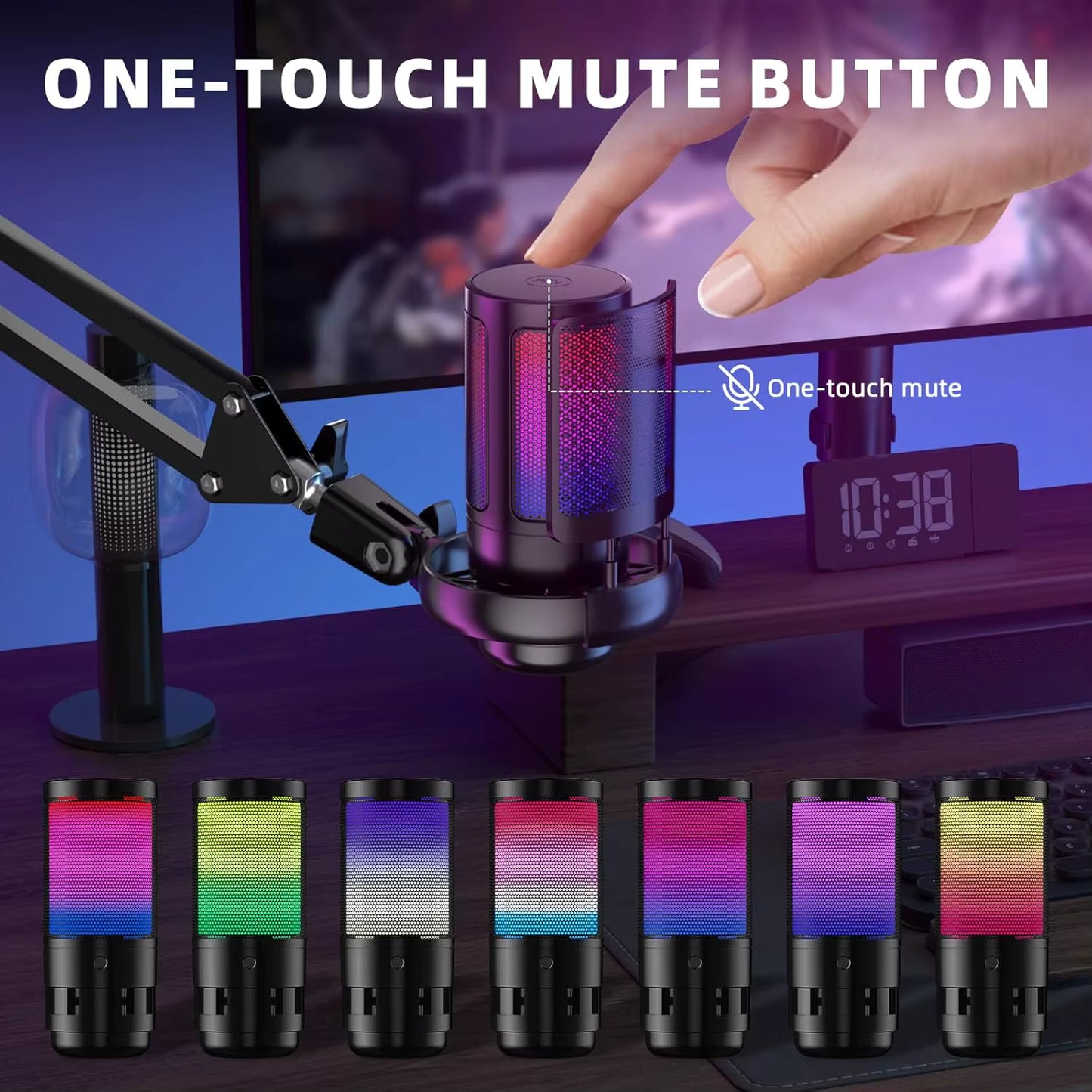 USB Gaming Microphone with Live reverb function One piece of mute RGB Condenser Microphone for Streaming Games, Audio Recording