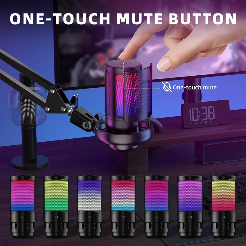 USB Gaming Microphone with Live reverb function One piece of mute RGB Condenser Microphone for Streaming Games, Audio Recording