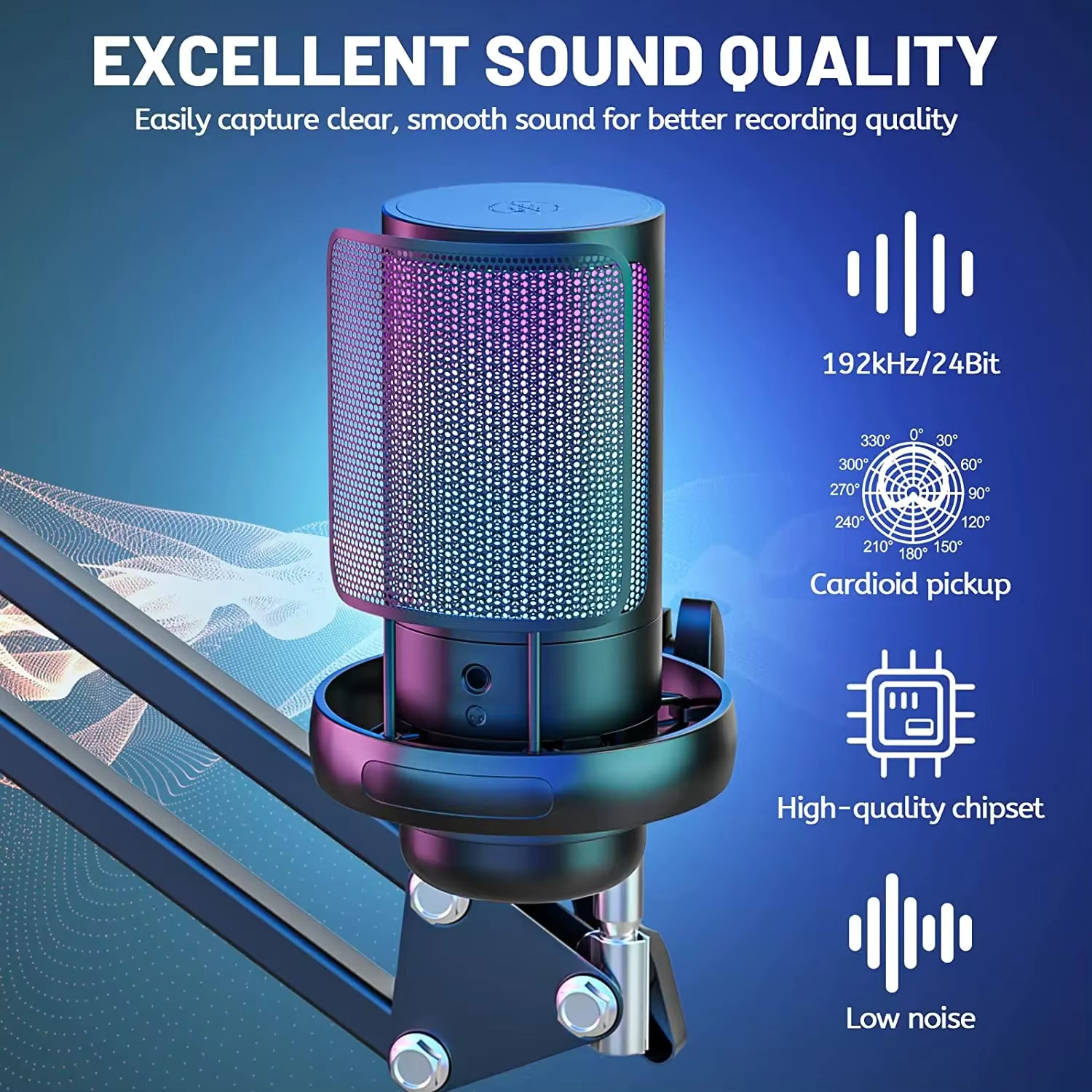 USB Gaming Microphone with Live reverb function One piece of mute RGB Condenser Microphone for Streaming Games, Audio Recording