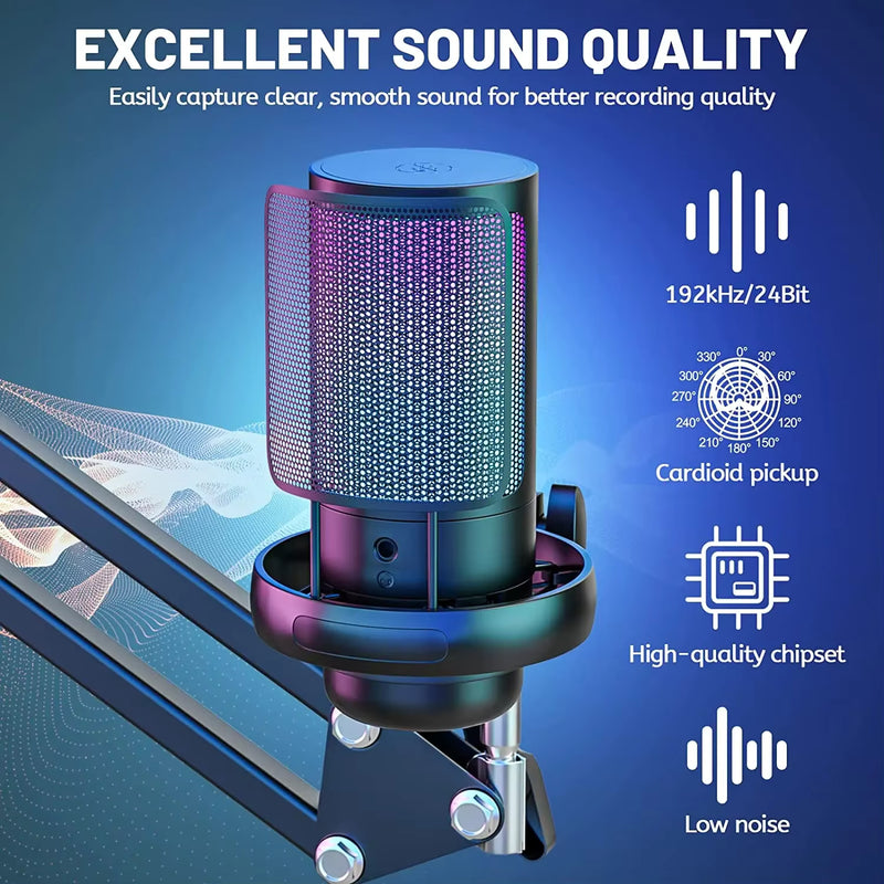 USB Gaming Microphone with Live reverb function One piece of mute RGB Condenser Microphone for Streaming Games, Audio Recording