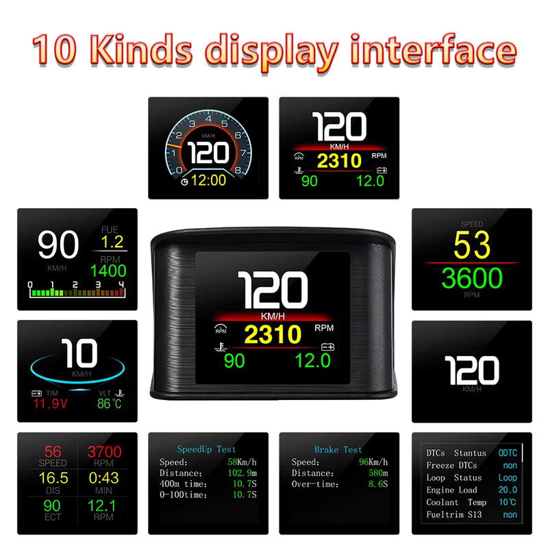 P10 Pro Head Up Display On-board Computer Car Digital OBD2 Mileage OBD Driving Computer Display Speedometer Temperature Gauge