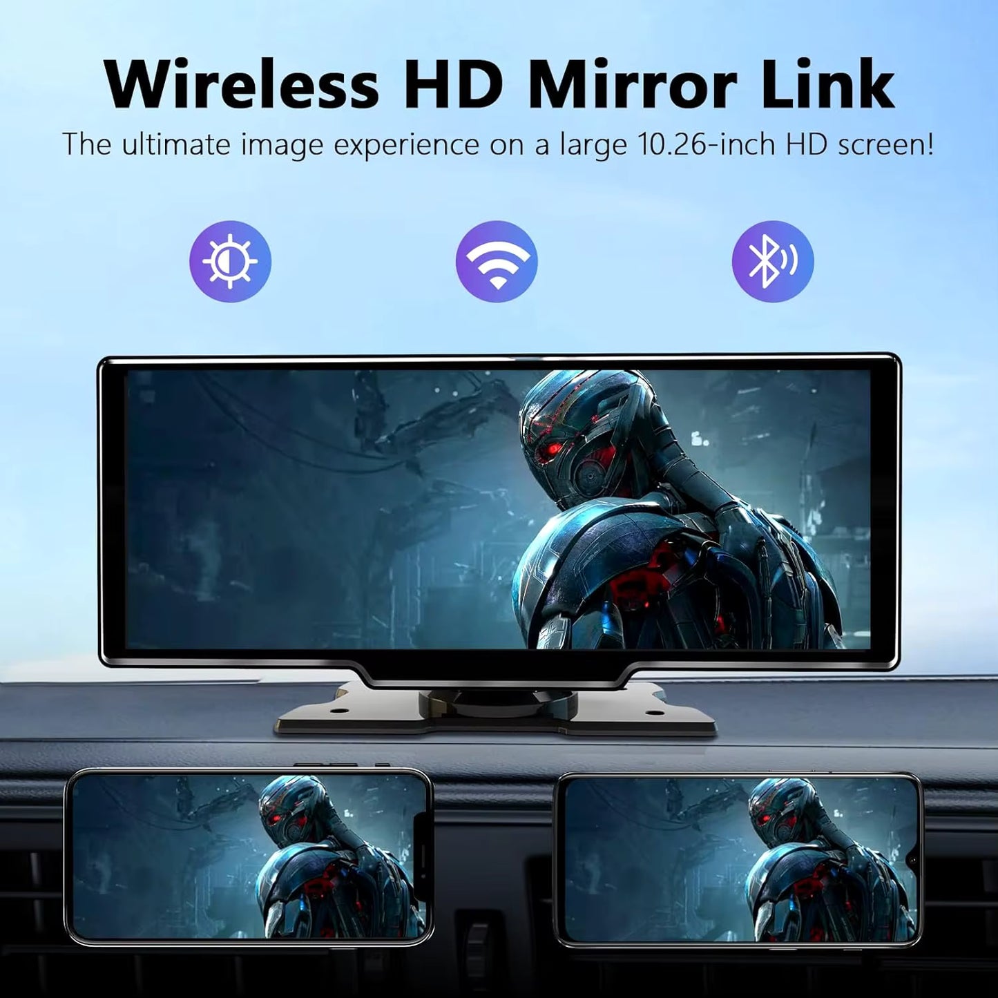 10.26" Carplay Screen for Car, Wireless CarPlay & Android Auto Multimedia Video Player, Universal Car Radio, BT AUX FM Car Stereo