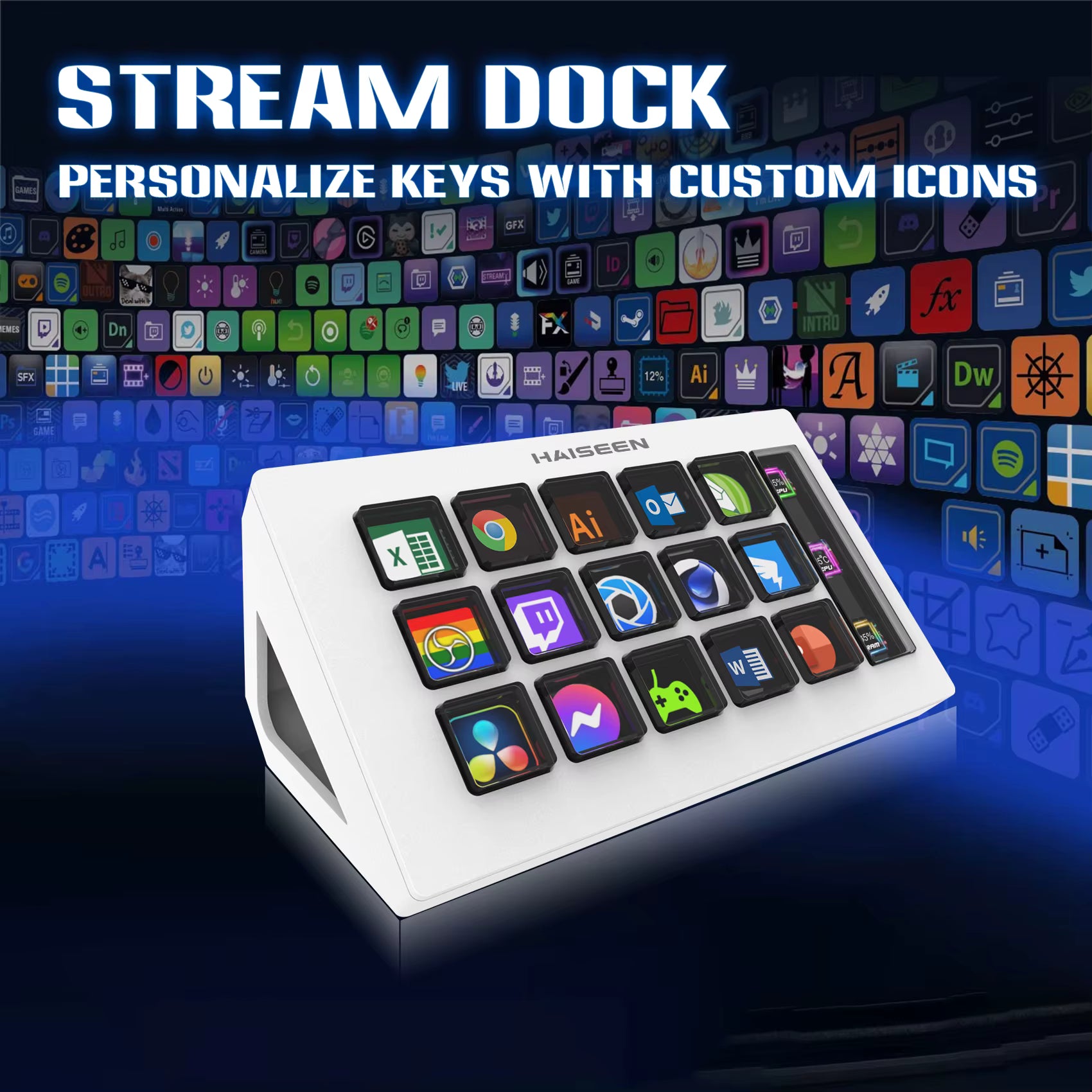 HAISEEN Visual Stream Deck Keyboard LCD Button 15Key Live Content Creation Controller Customizable Windows Mac OS Android iOS
