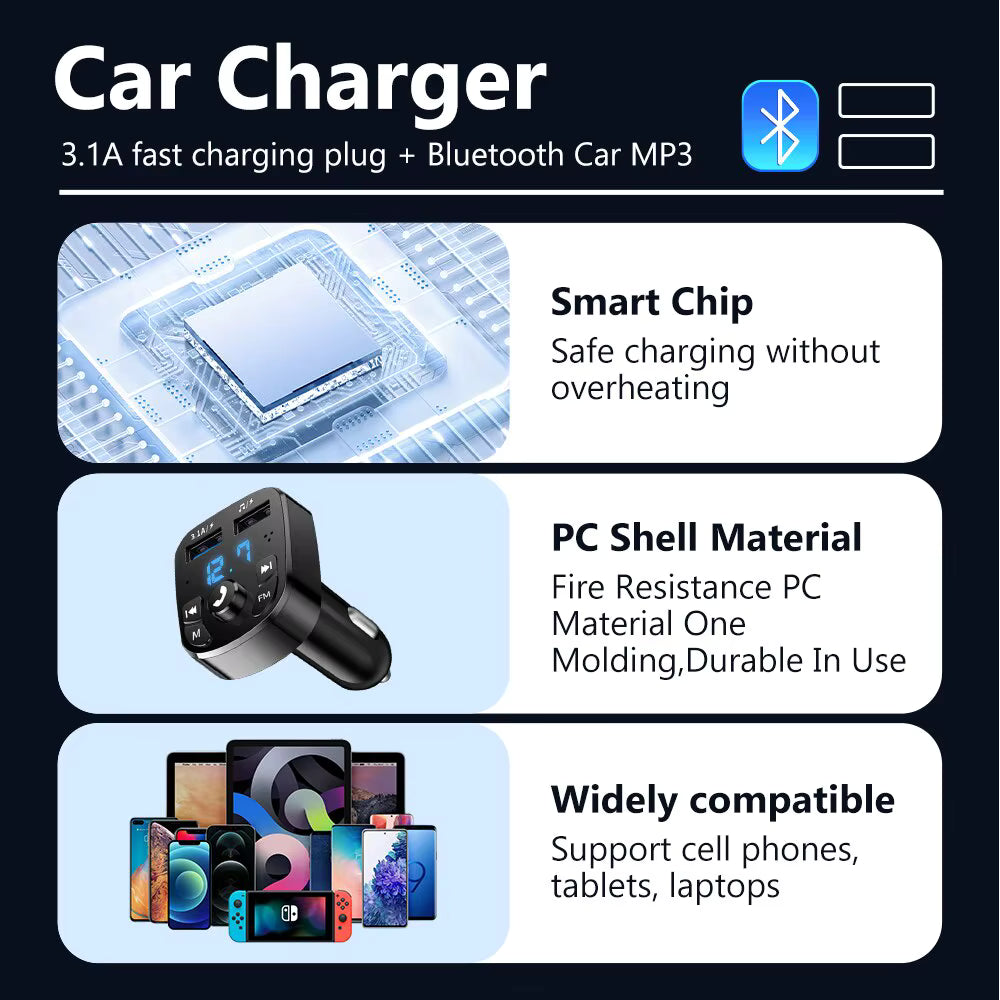 LED MP3 Car Bluetooth FM Hands-Free Bluetooth-compaitable 5.0 Transmitter 3.1A QC3.0 PD Type C Dual USB Car Charger
