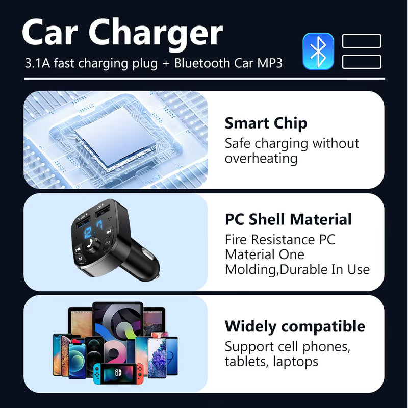 LED MP3 Car Bluetooth FM Hands-Free Bluetooth-compaitable 5.0 Transmitter 3.1A QC3.0 PD Type C Dual USB Car Charger