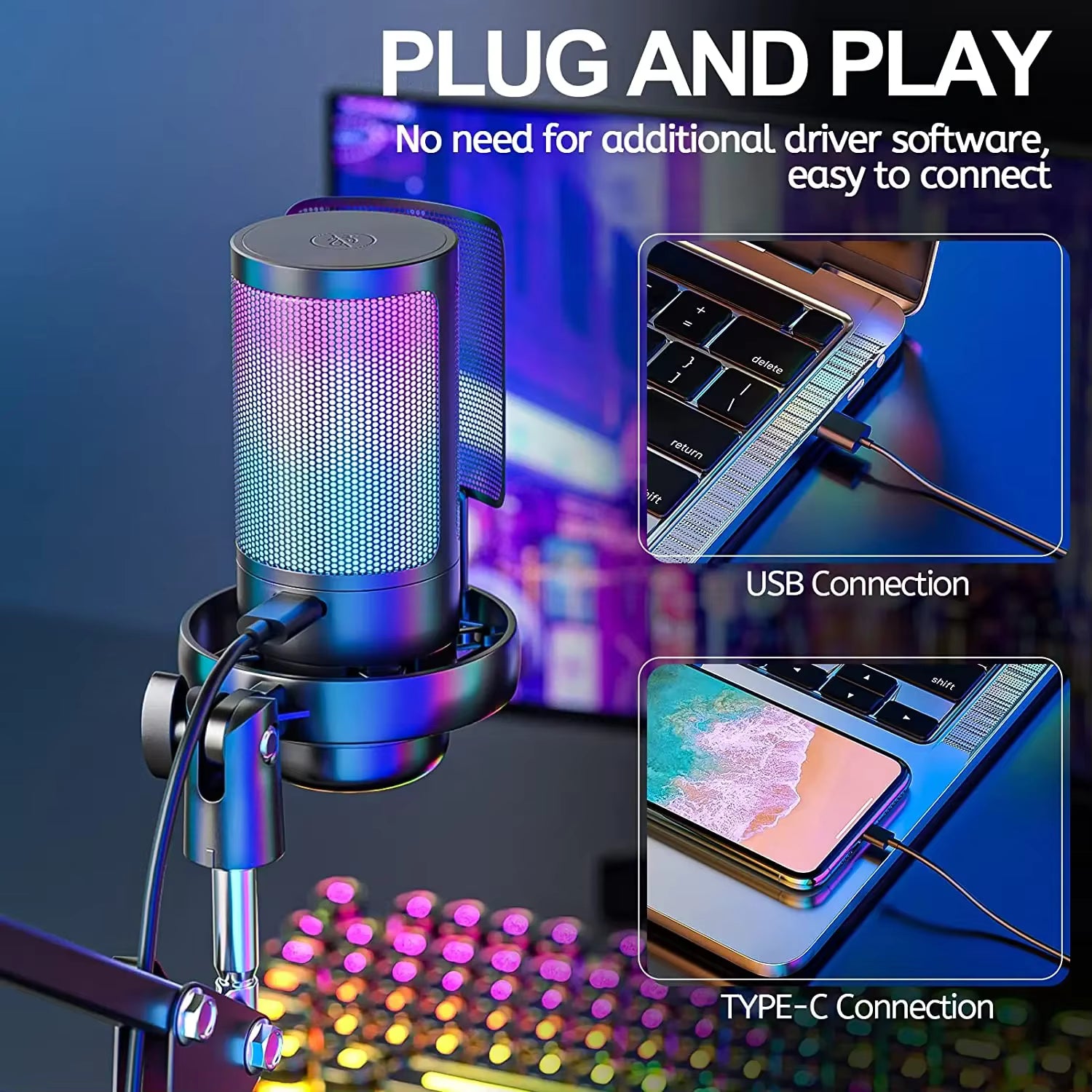 USB Gaming Microphone with Live reverb function One piece of mute RGB Condenser Microphone for Streaming Games, Audio Recording