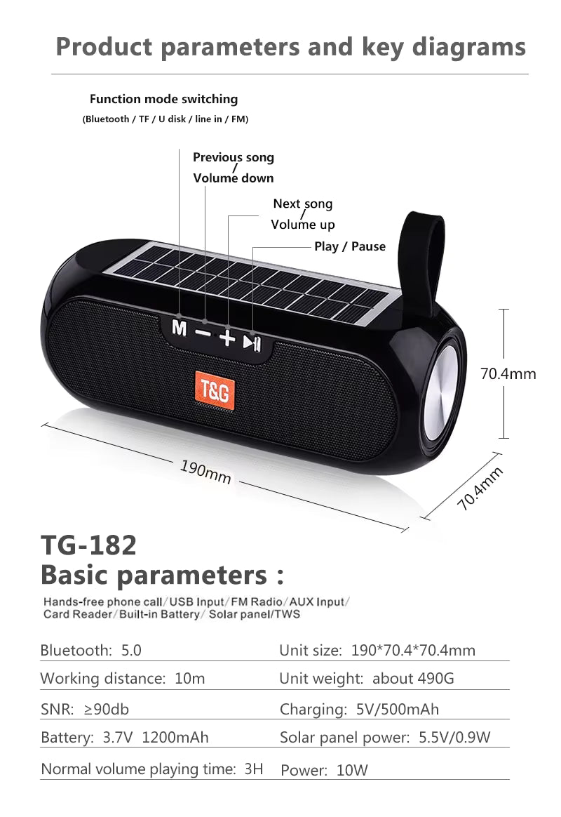 TG182 Solar with flashlight speaker Outdoor Bluetooth speaker 10W USB portable wireless support TF card FM radio assisted input